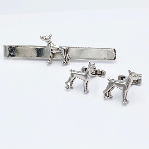Sterling Silver Dog Cuff Links & Tie Bar Set Mid Century - Picture 1 of 14